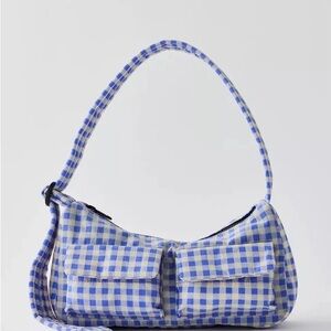 UO exclusive pansy blue gingham cargo shoulder bag with black zipper